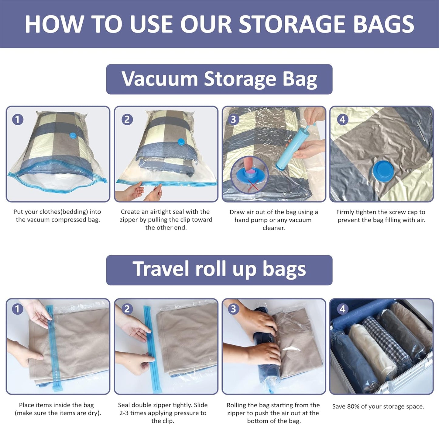 25 Pack Vacuum Storage Bags, Space Saver Vacuum Storage Bags, Vacuum Seal Bags for Clothing, Clothes, Comforters and Blankets, Hand Pump Included