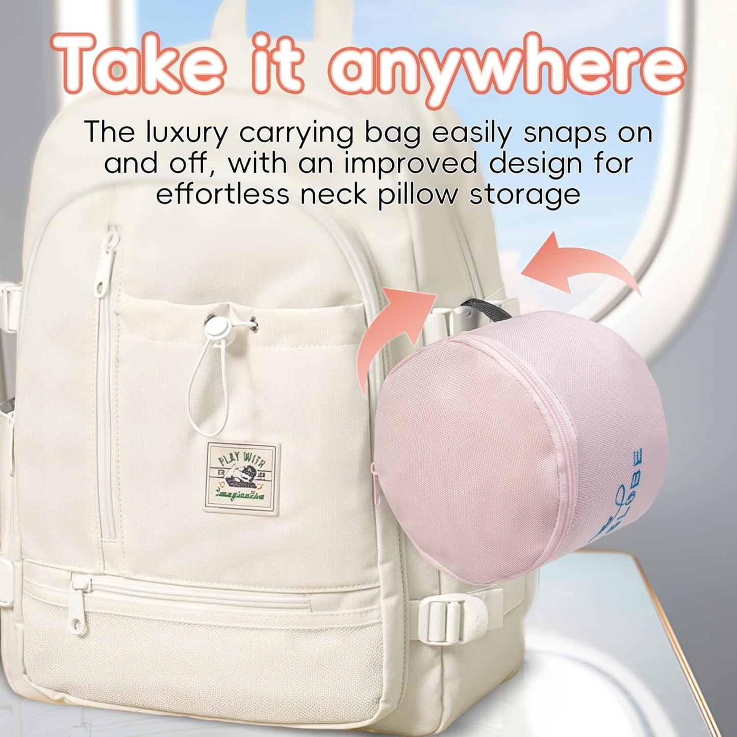 Junior Kids Travel Neck Pillow - Ergonomic Memory Foam Pillow for Airplane, Car, Booster Seat - Soft, Washable, Compact Travel Pillow with Strap - Light Pink - Ages 4-13