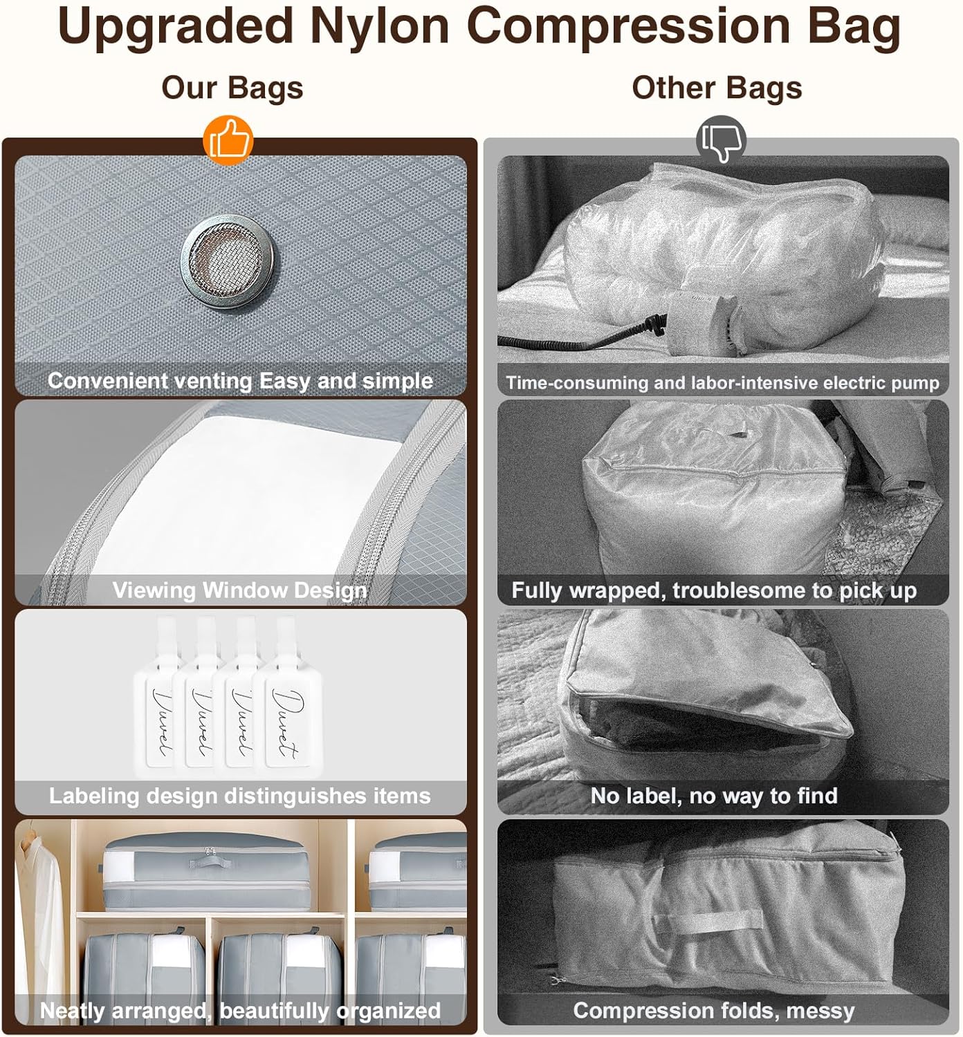 4 Pack Compression Storage Bags - 110L Large Capacity Comforter Storage Bag, 3-Layer Washable Ultra Space Saving Self Compression Organizer Space Bags for Blanket, Sweater, Sheet, Light Gray