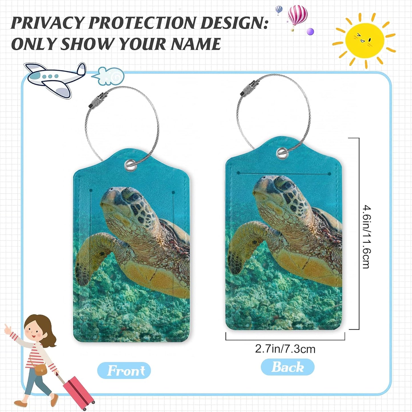 3 Pack Luggage Tag for Suitcase,Hawaiian Sea Turtle Leather Luggage Tags with Privacy Cover Name ID Label Identifiers Travel Bag Tags for Women Men Boys Girls