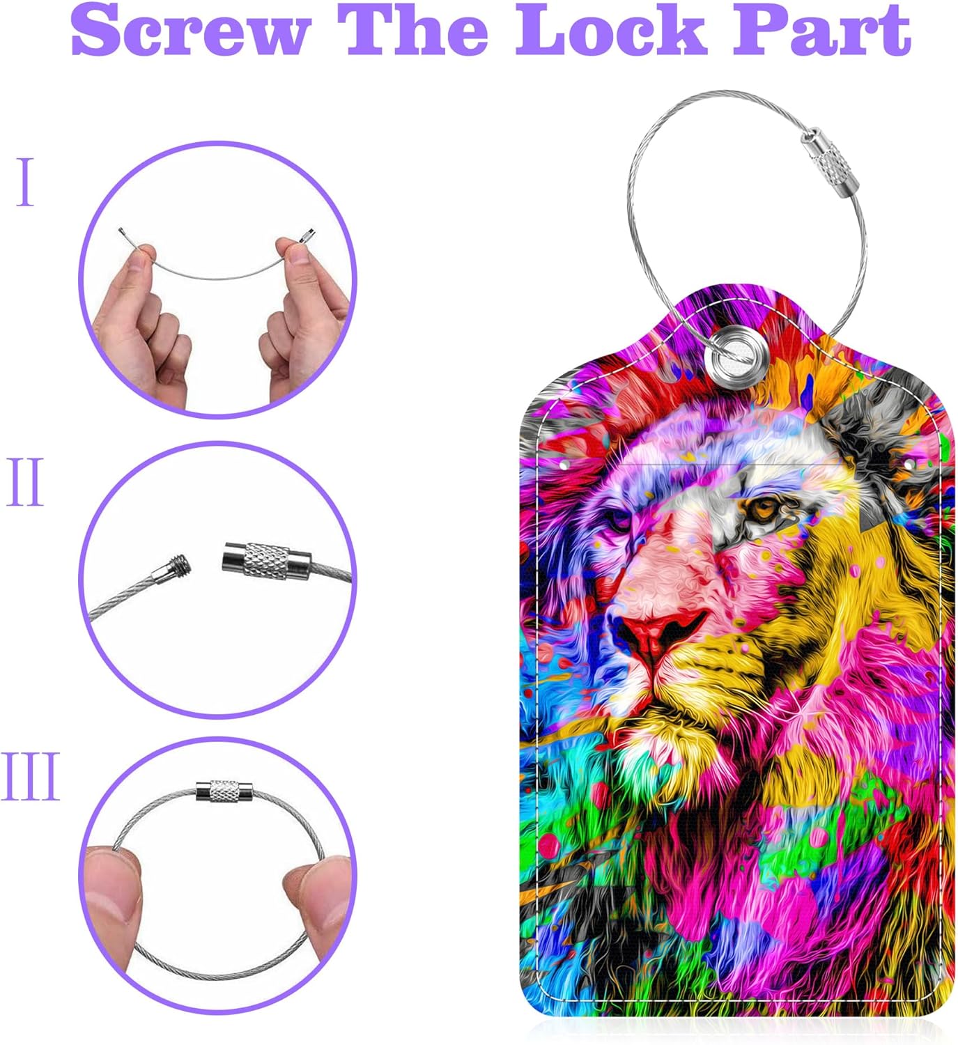 2 Pack Luggage Tags for Suitcase Colorful Abstract Lion Leather Stainless Steel Loop Label Tags for Women Men Travel Bag Suitcase with Privacy Cover Name ID Card