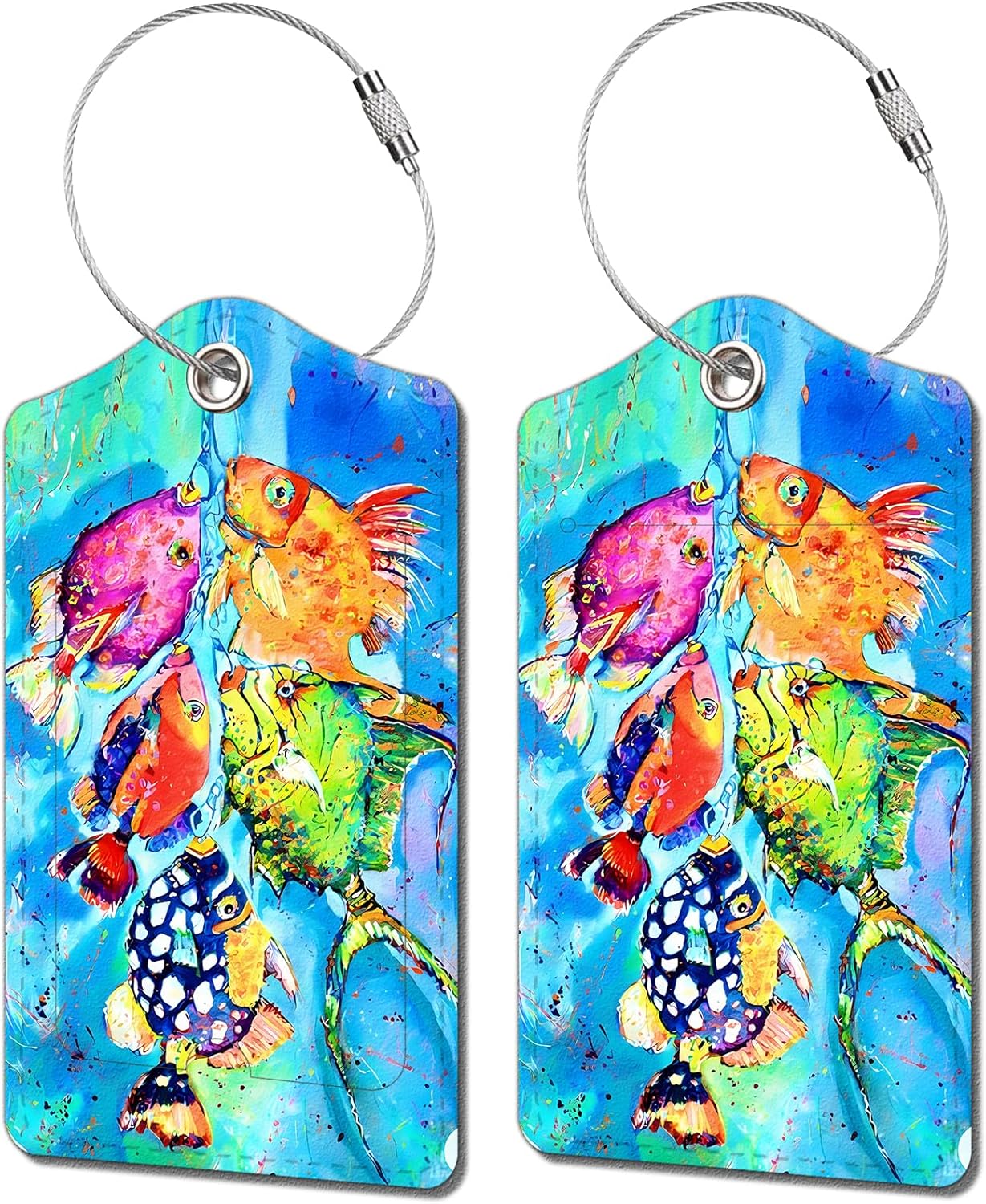 2 Pack Luggage Tag for Suitcase, Cute Unique Leather Bag Tags Identifiers Privacy Cover ID Label with Durable Steel Loop for Women Men Kids Girls Travel，Fish