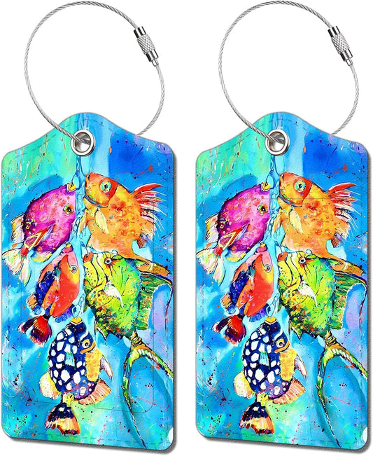 2 Pack Luggage Tag for Suitcase, Cute Unique Leather Bag Tags Identifiers Privacy Cover ID Label with Durable Steel Loop for Women Men Kids Girls Travel，Fish