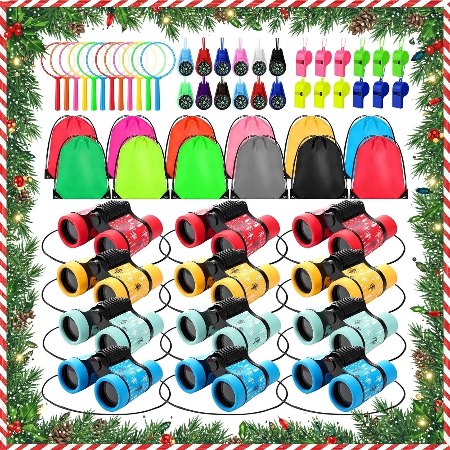 12 Set Binocular Compass Magnifying Glass Set Christmas Birthday Gift Small Telescope Binocular with Whistle Bag for Outdoor Exploring Stocking Stuffer(Mixed Color,Pine)