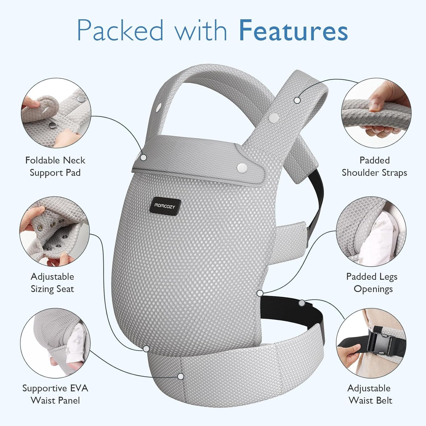 Momcozy Breathable Mesh Baby Carrier, Ergonomic and Lightweight Infant Carrier for 7-44lbs with Enhanced Lumbar Support, All Day Comfort for Hands-Free Parenting, Air Mesh-Grey