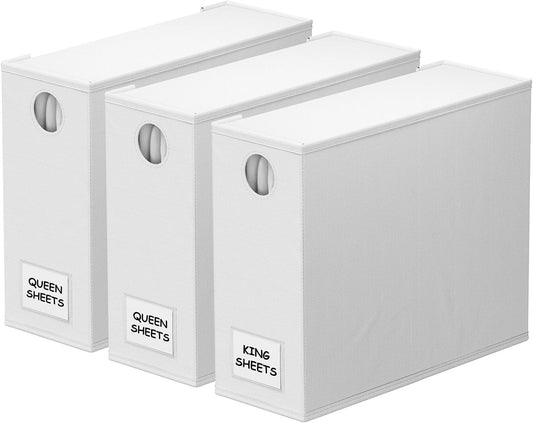 SpaceAid 3 Pack Bed Sheet Organizers and Storage, Foldable Sheet Organizer for Linen Closet, Sheets Set Folder Keeper with Window XL (Queen & King Size) Bedding Container (White, 3 Pack)