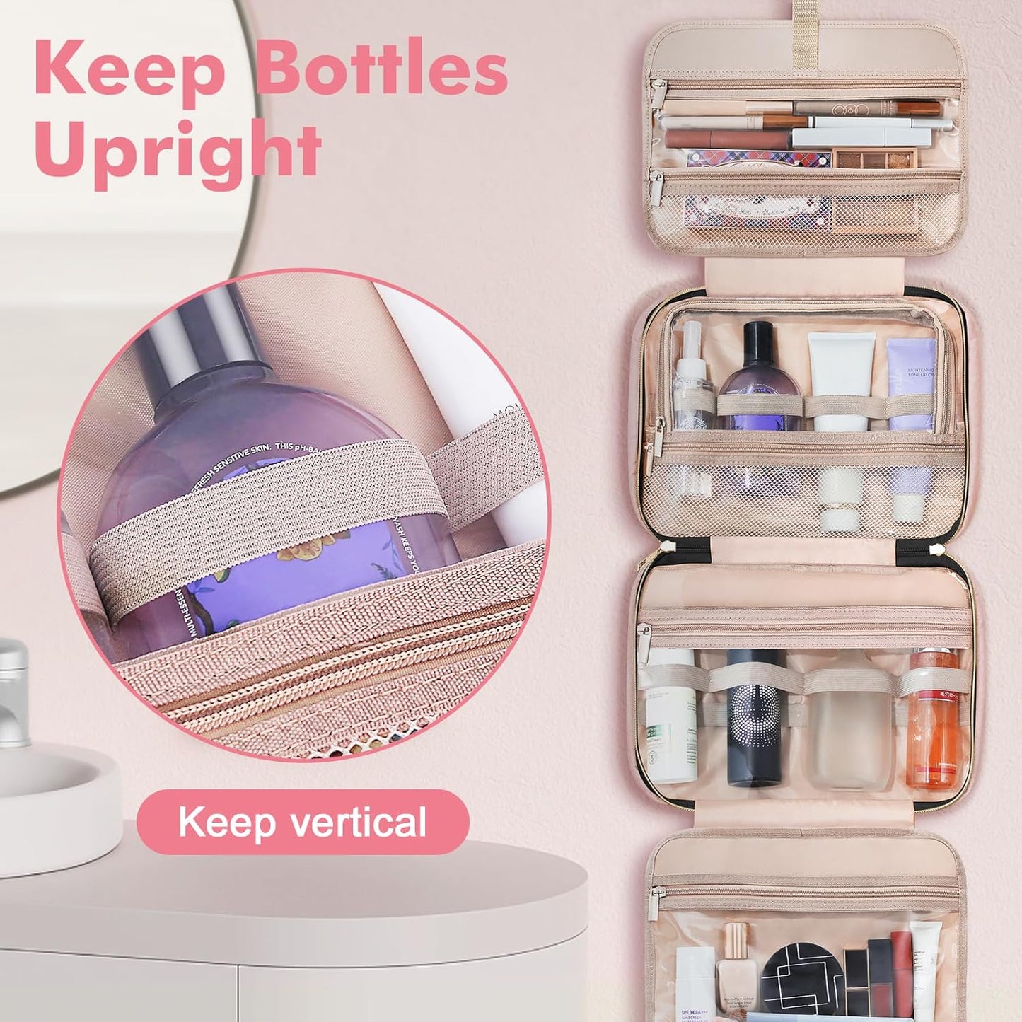 Wedama Toiletry Bag for Women, Large Cosmetic Travel Bag, Hanging Toiletry Bag for Bathroom, Thickened PVC Waterproof Makeup Bag, Toiletries Bag for Travel Business Trips and Camping, Baby Pink