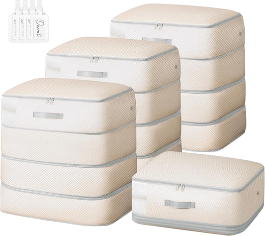 Comforter Storage Bag - 130L Large Capacity Blanket Storage Bags 4-Layer Ultra Space Saving Self Compression Organizer, Washable Compression Bags for Storage Comforter Blanket, 4-Pack, Beige