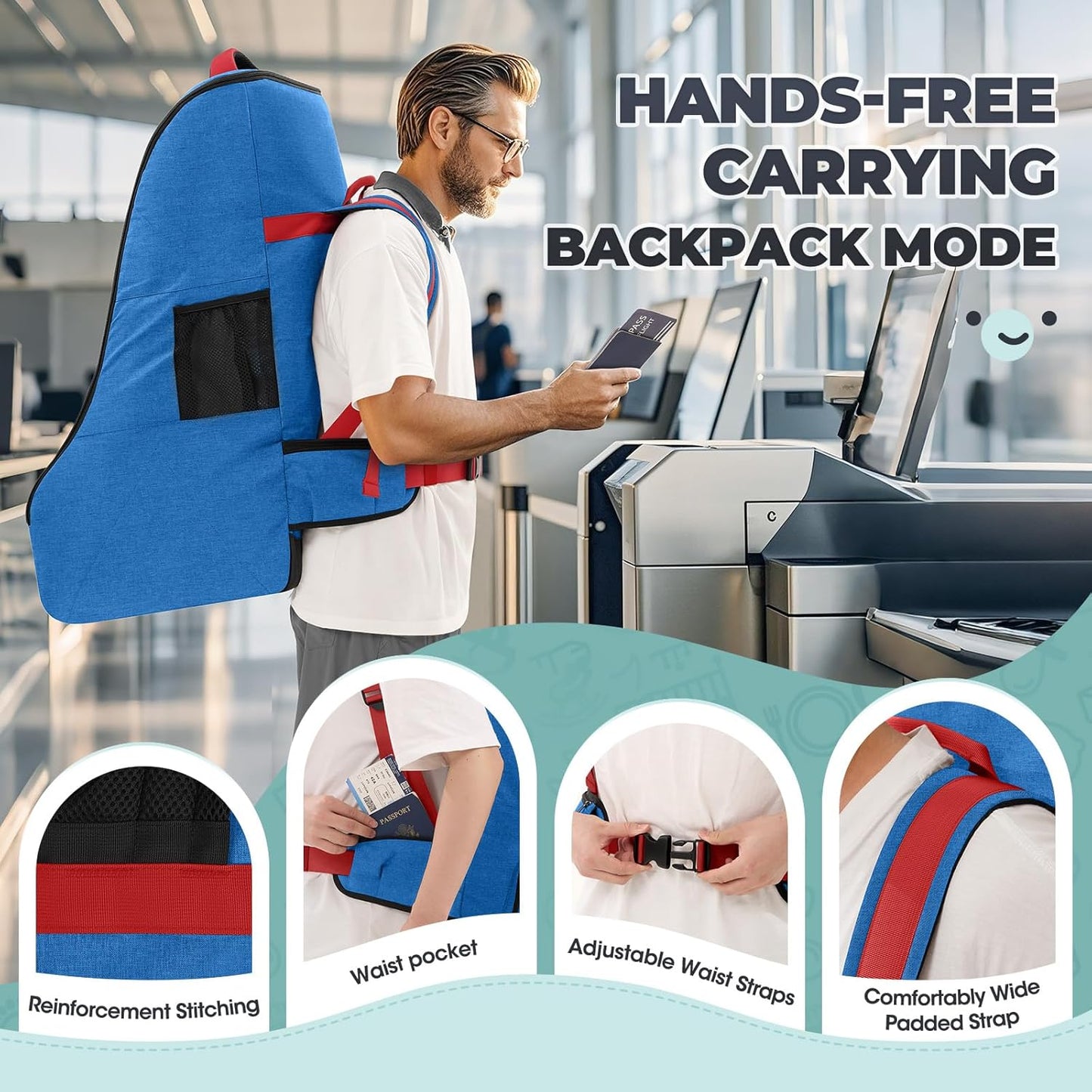 RAINSMORE Padded Car Seat Travel Bag for Airplane Heavy Duty Car Seat Backpack for Air Travel Baby Carseat Cover Bags for Airport Large Car Seats Carrier Fits Car Seats & Booster Seats,Blue