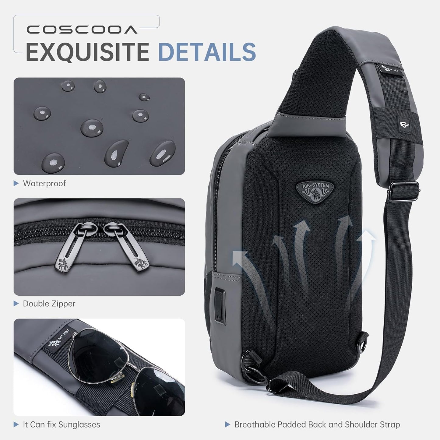 Sling Bag for Men, Anti-theft Crossbody Bag with USB Charging Port, PU Leather Shoulder Bag for Women Travel Outdoor Casual Sports Daypacks