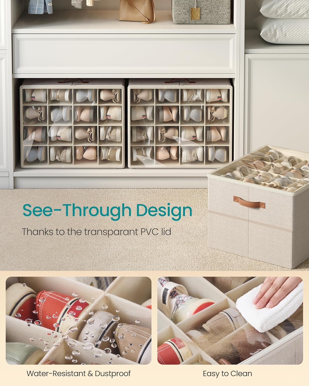 SONGMICS Shoe Organizer for Closet, Shoe Storage Bin, Fits 16 Pairs, Fabric Container with Handles and Clear Cover, Adjustable Dividers, Customizable, Cappuccino Beige ULSP555K01