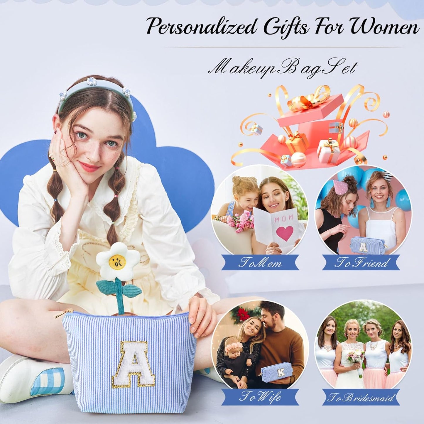 YOOLIFE Birthday Gifts for Teens Girls - Travel Makeup Bag | Personalized Gifts - Cute Travel | Initial Makeup Bag | Birthday Gifts for Women | Christmas Gifts for Teens Girls | Gifts for Girls L