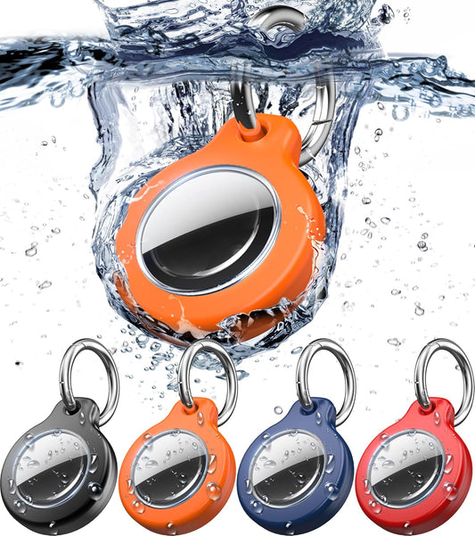 2025 New Waterproof AirTag Keychain Holder - (Set of 4) Air Tag Locking Case with Cable, Compatible with Apple AirTags, Ultra Durable Loss Prevention Case for Luggage, Keys,Black, Orange, Blue, Red