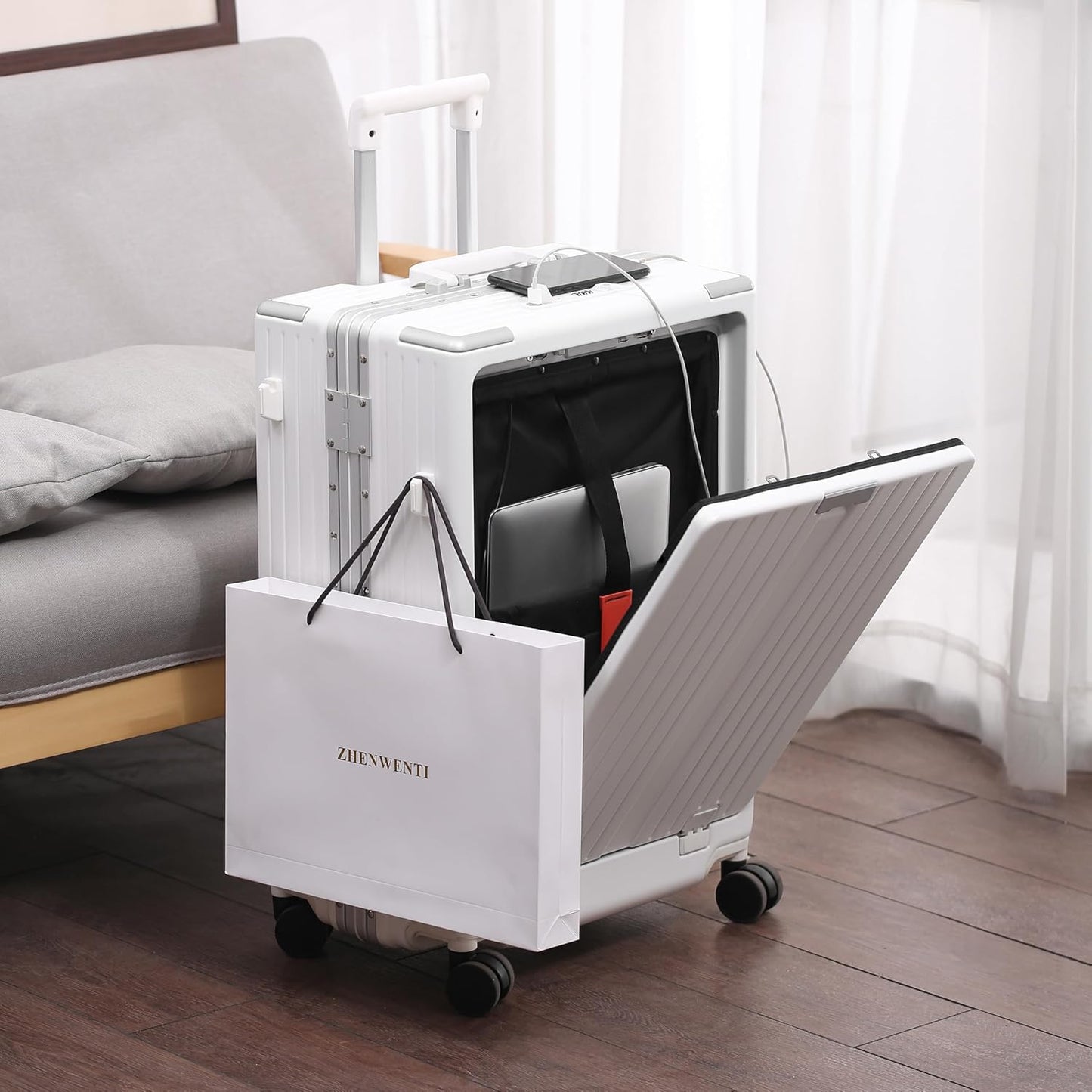 UrbanExplorer 24 Inch Check-In Aluminum Frame Luggage, ABS+PC Hard Shell Suitcases with Spinner Wheels TSA Approved Checked Luggage, Zipperless Suitcases with Cup Holder, White