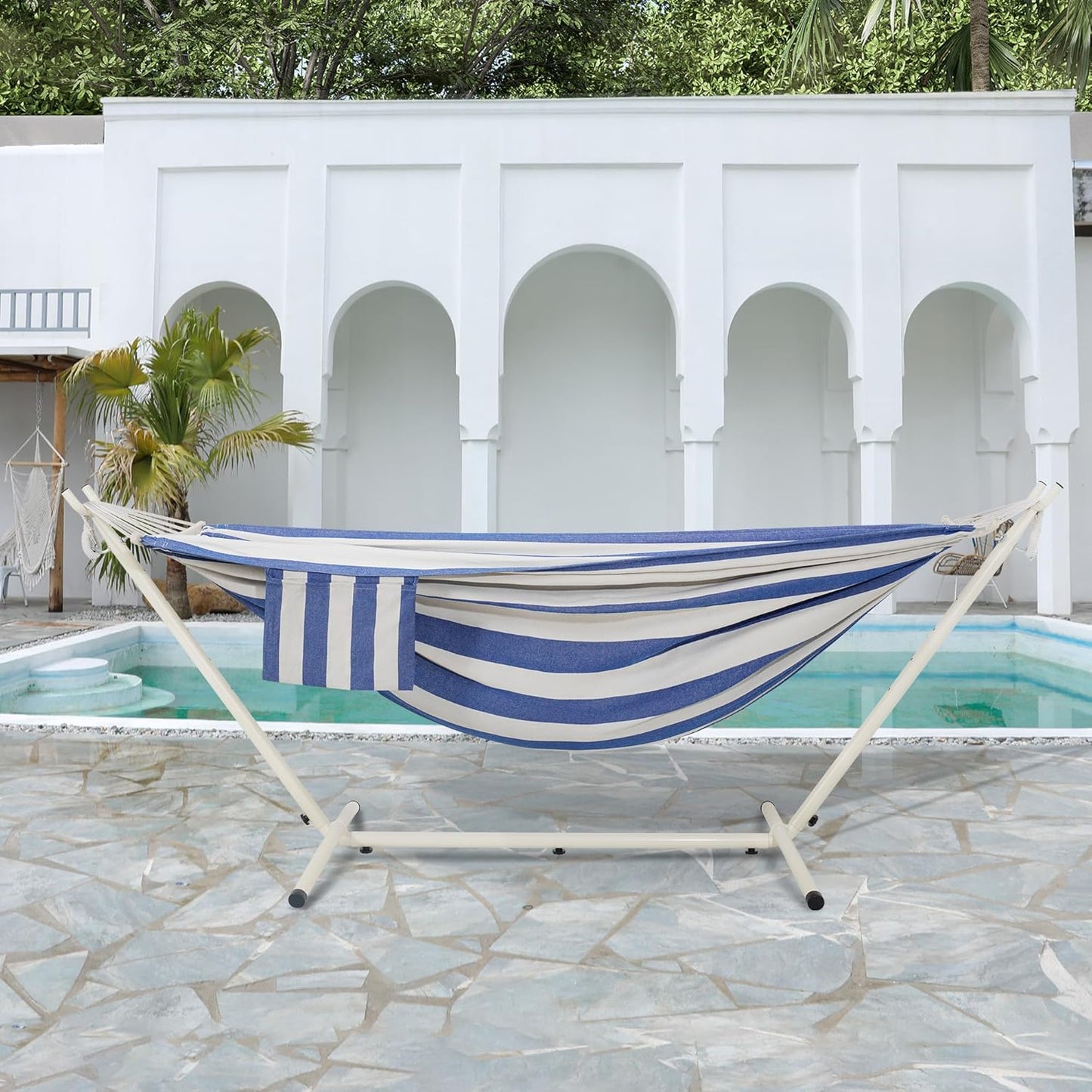 LazyDaze Hammocks Double Hammock with Stand - 2 Person Heavy Duty Outdoor Hammock for Adults, Includes Durable Steel Stand, Portable Carrying Bag and Pillow, Blue White