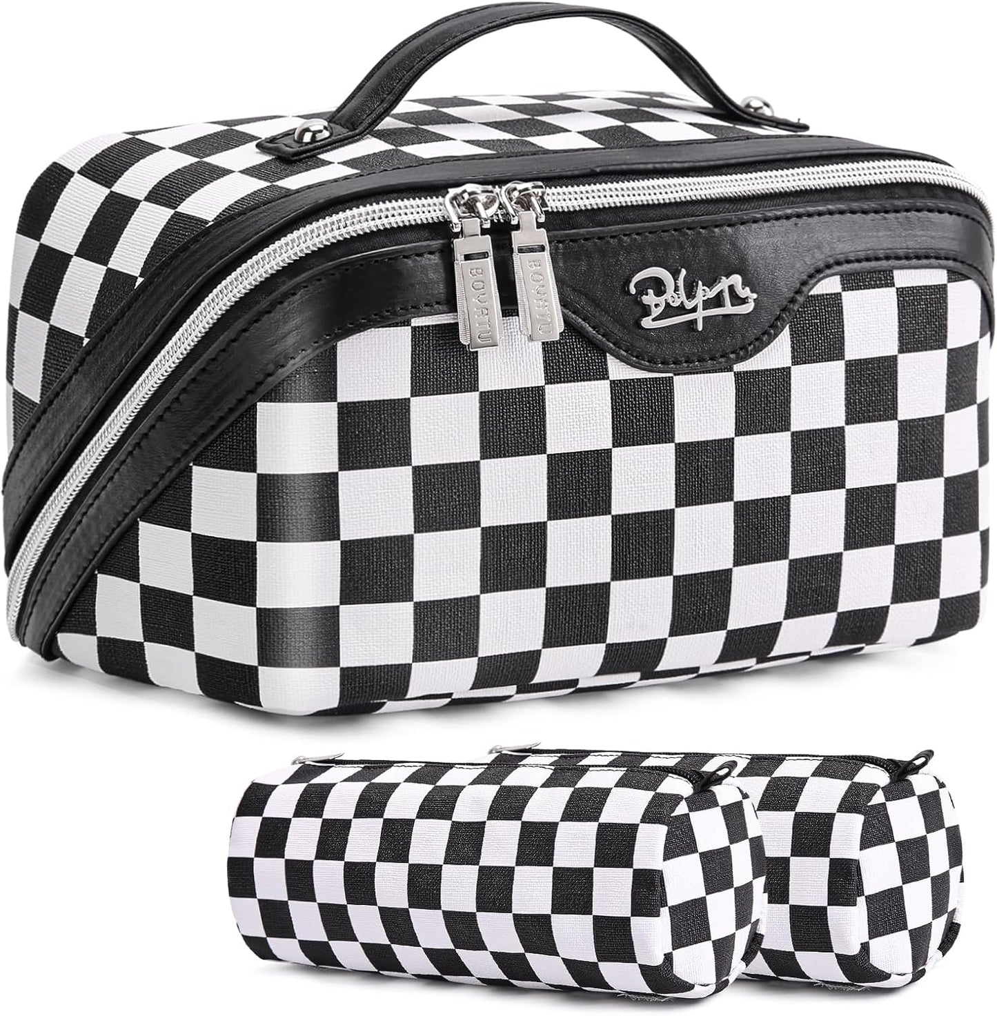 BOYATU Travel Makeup Bag Cosmetic Bags for Women: Large Make up Bags Set of 3 - Portable Makeup Organizer with Compartments&Handle&Divider - Waterproof PU Leather Toiletry Bag(Checkered Mix Black)
