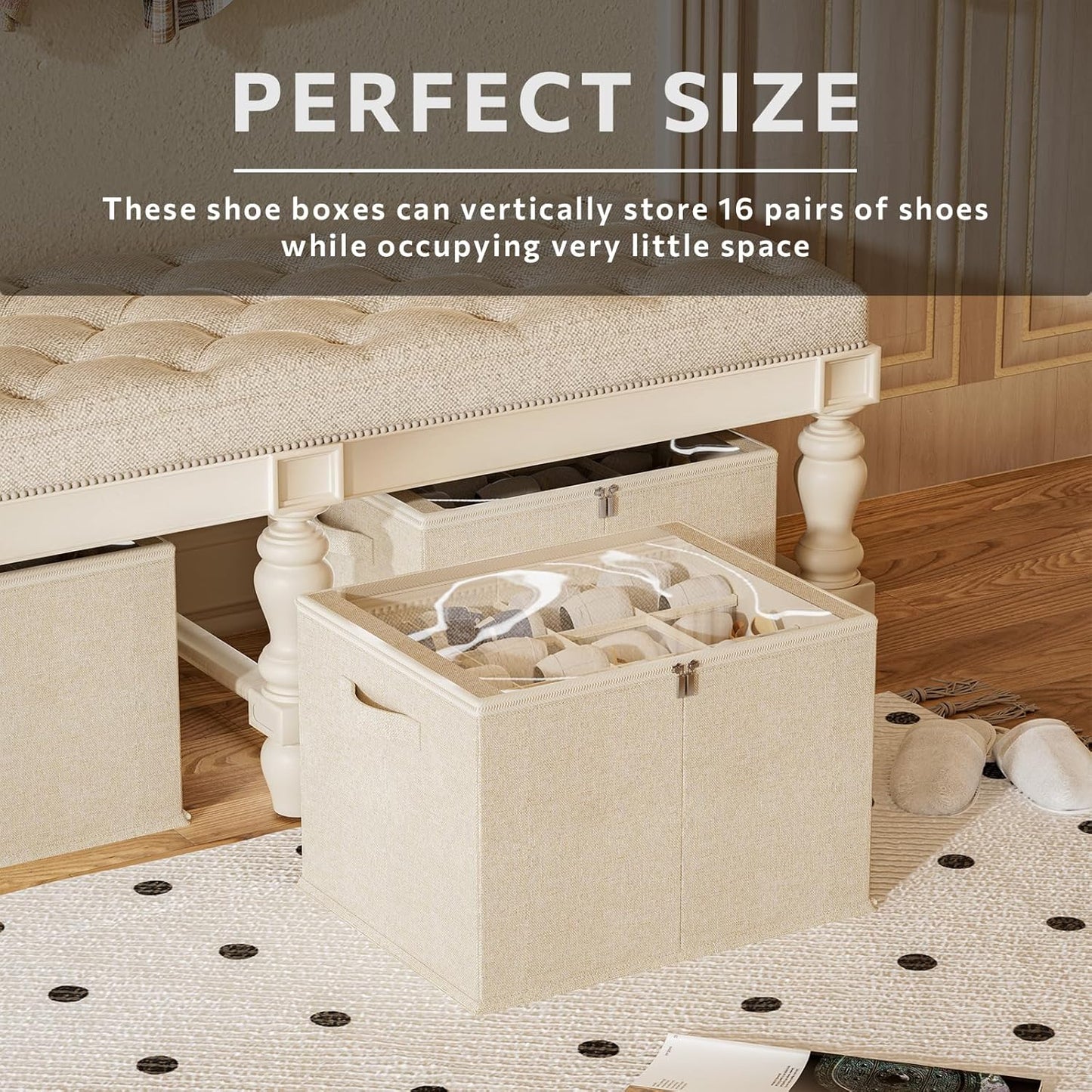 Shoe Organizer for Closet, 2 Pack Sturdy Shoe Storage Bins with Clear Cover, Fits 16-32 Pairs, Foldable Shoe Storage Box with Reinforced Handles (Beige, 19.7 * 15.7 * 12.6in)