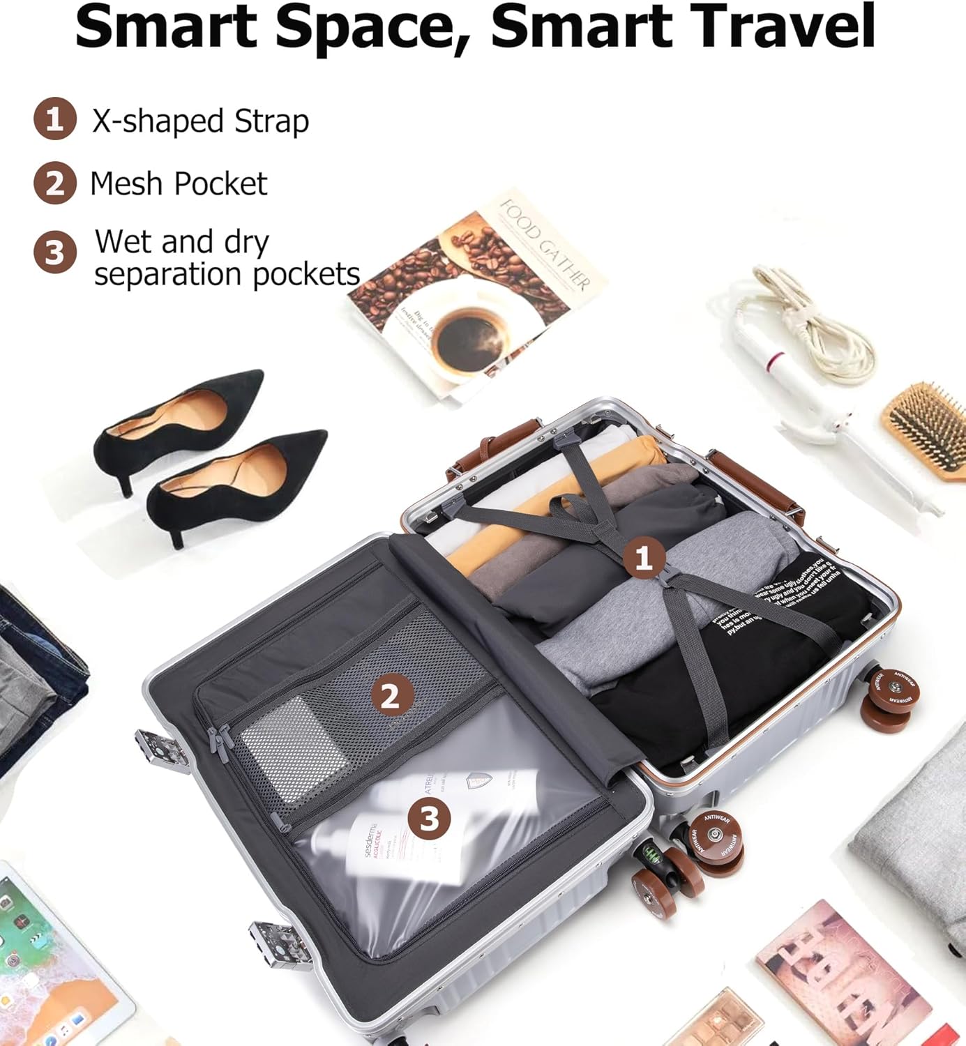 feilario 24in Aluminum Frame Wide Handle Hard Shell Carry On Suitcase - Vivid Colors Double Spinner Wheels Airline Approved Rolling Luggage with TSA Lock & Cup Holder (Silver, 24in)