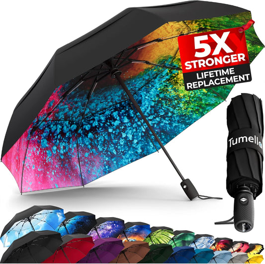 TUMELLA Strongest Windproof Travel Umbrella (Compact, Superior & Beautiful), Small Strong but Light Portable and Automatic Folding Rain Umbrella, Durable Premium Grip, Fits Car & Backpack