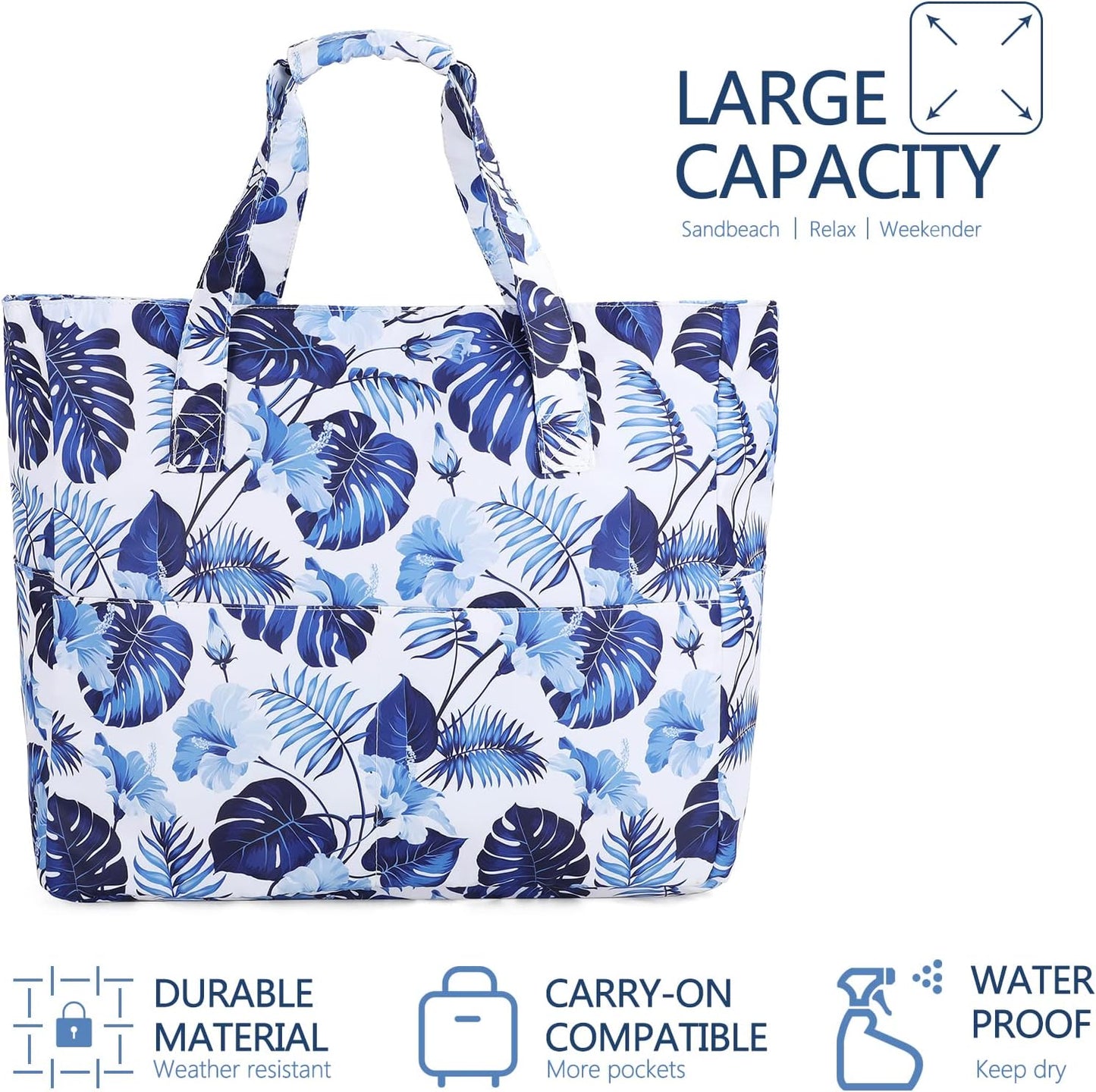 LEDAOU Large Beach Tote Bag Women Waterproof Sandproof Zipper Beach Tote Bag for Pool Gym Grocery Travel with Wet Pocket