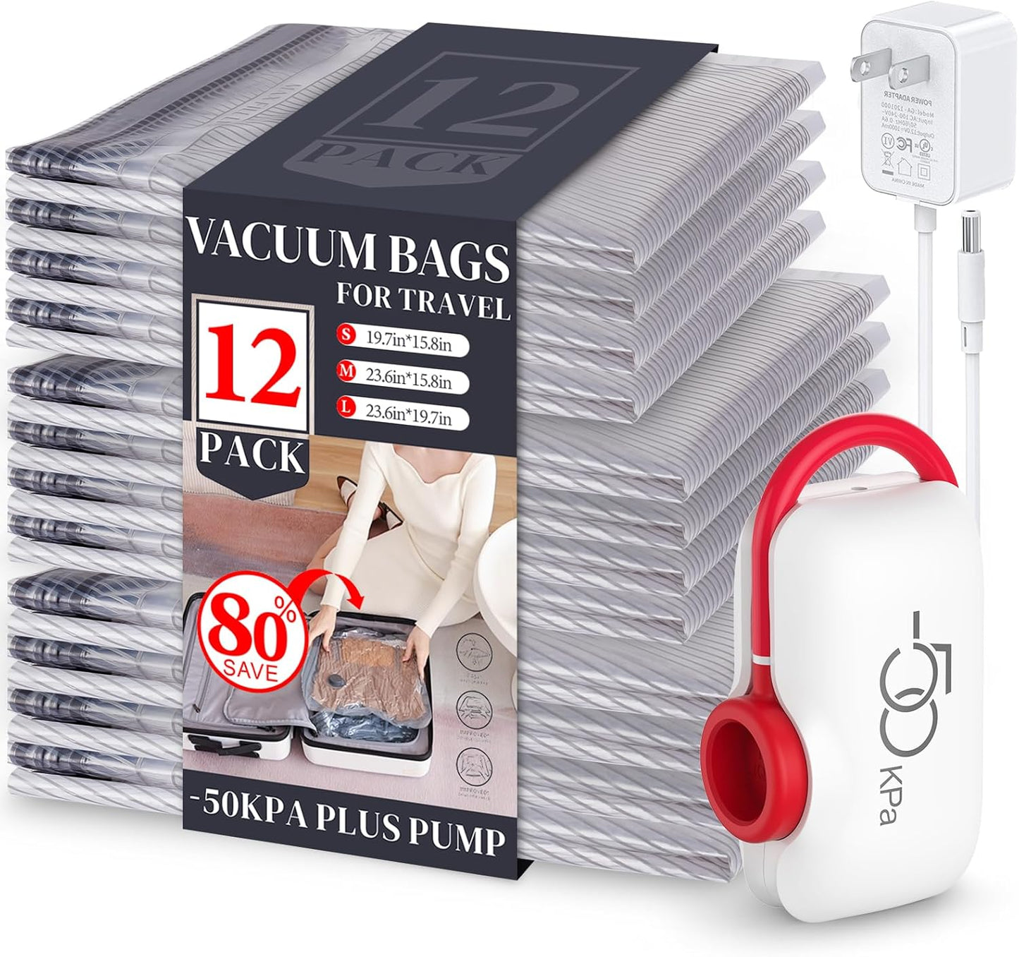 VMstr 12 Pack Vacuum Storage Bags for Travel, Carry-on Size for Luggage Compression Packing, Space Saver with High Pressure Electric Pump(D/C Power)