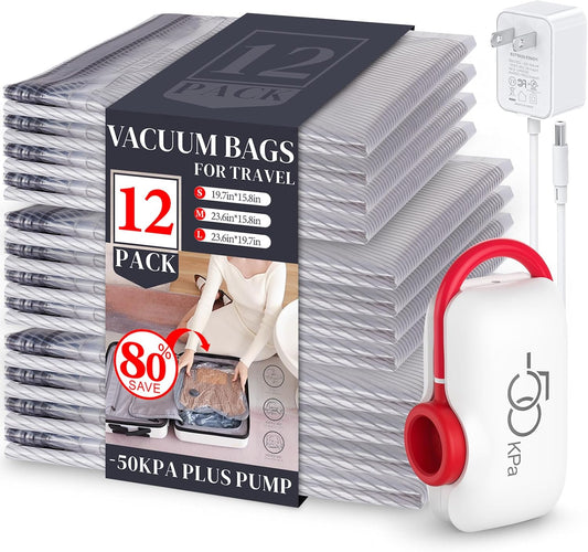 VMstr 12 Pack Vacuum Storage Bags for Travel, Carry-on Size for Luggage Compression Packing, Space Saver with High Pressure Electric Pump(D/C Power)
