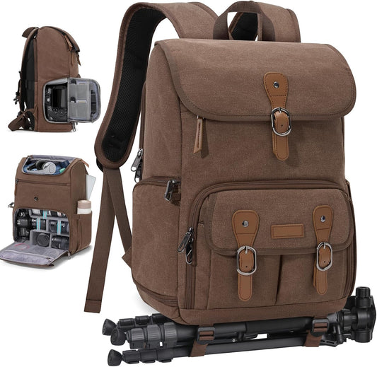 RAINSMORE Camera Bag Backpack for DSLR/SLR Mirrorless 15.6 Inch Laptop Camera Back Pack for Photographers Anti-Theft Photography Bags Case with Tripod Holder & Rain Cover, Coffee