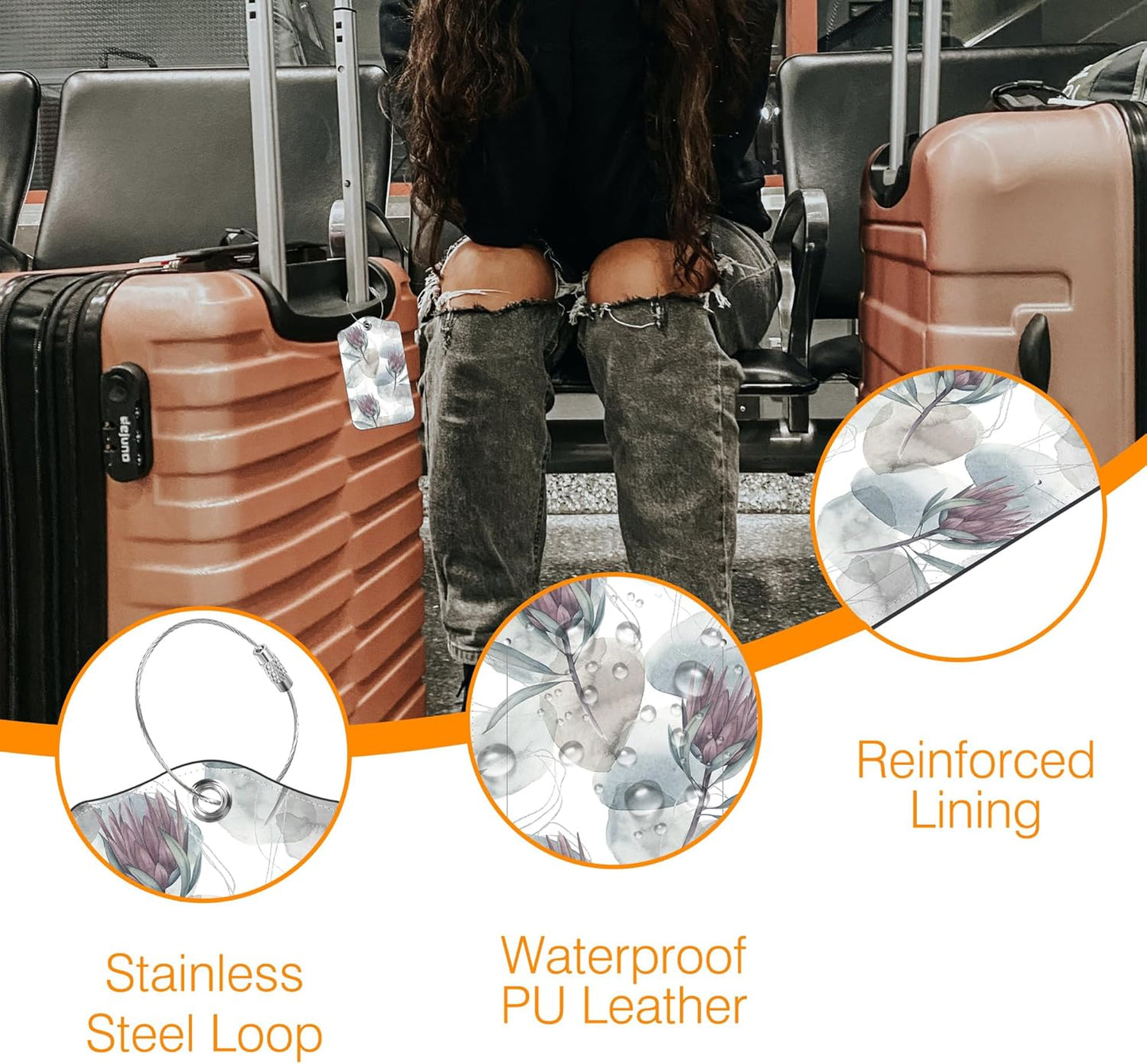 Luggage Tags for Suitcase Ink Flower 2 PCS Leather Travel Luggage Tag with Stainless Steel Loop Name ID Label Privacy Cover for Women Men Travel