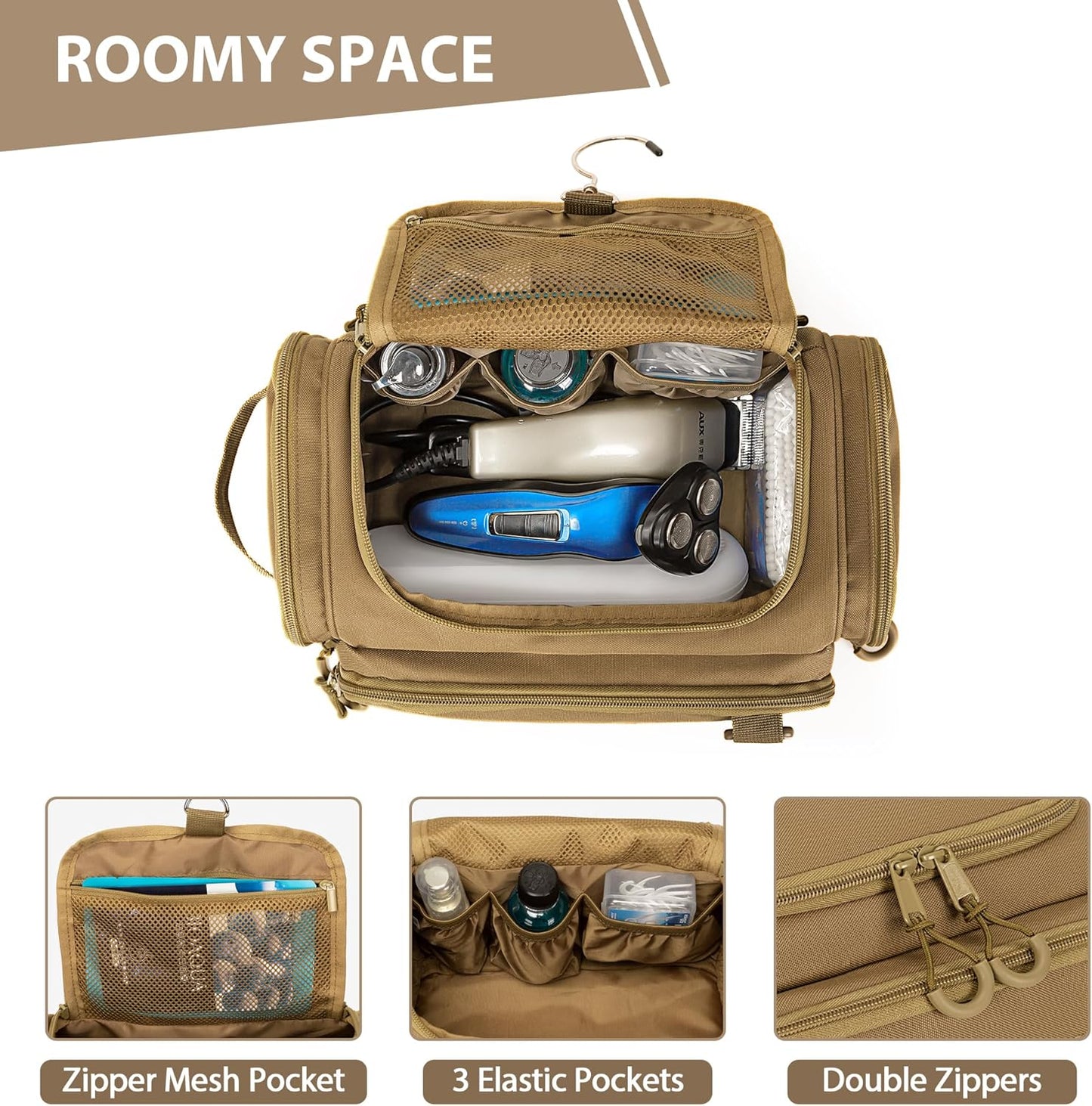 Tactical Toiletry Bag for Men, Hanging Hygiene Bag, Travel Dopp Kit Organizer for Shaving, Shower Essentials and Toiletries, Khkai (Empty Bag)