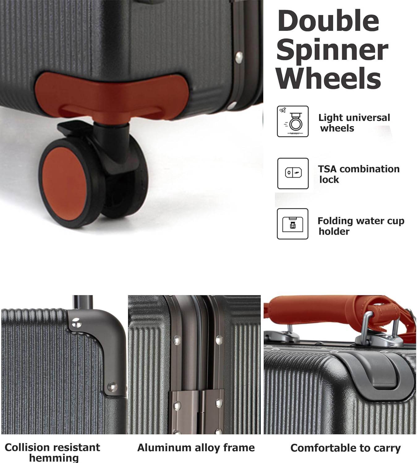 feilario 20'' Aluminum Frame Wide Handle PC Hardside Carry On Luggage - Double Spinner Wheels Luxury Rolling Travel Suitcase with TSA Lock & Cup Holder