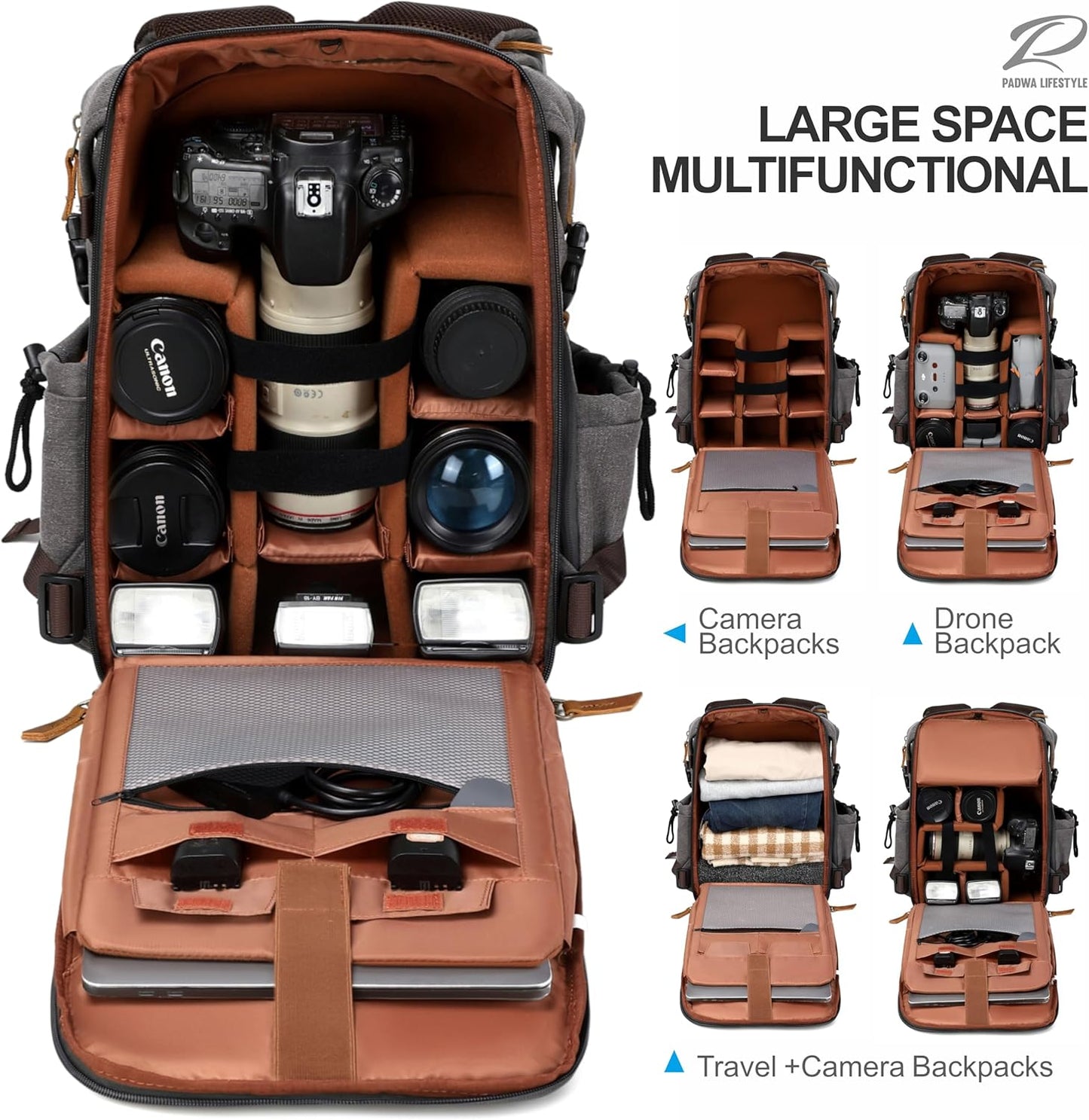 Padwa Lifestyle Gray Camera Backpack - Professional DSLR & UAV Camera Bag,Anti Theft Canvas Camera Backpack with Rain Cover,Large Capacity Photography Travel Camera Bag with Multi Compartments