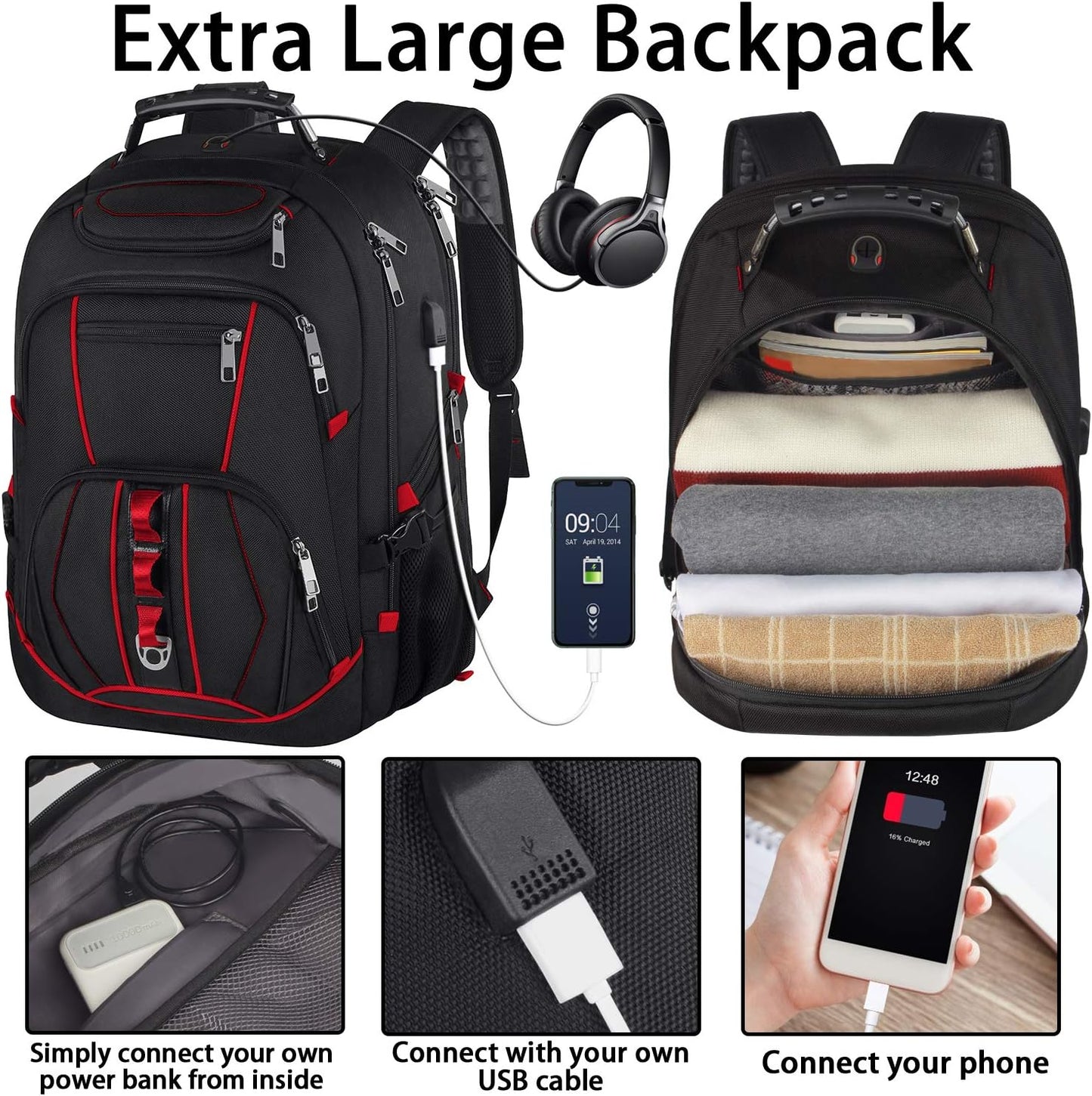 Laptop Backpack, Red, 55L Capacity, TSA Approved, RFID Anti-Theft, USB Charging Port, Headphone Hole, Back Luggage Strap, Chest Strap, Laptop Backpack