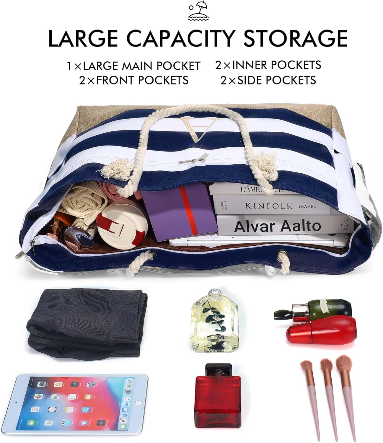 YOOLIFE Large Initial Beach Bag Waterproof Tote Zipper Bag Personalized Gifts for Women Her Birthday Travel Beach Essential