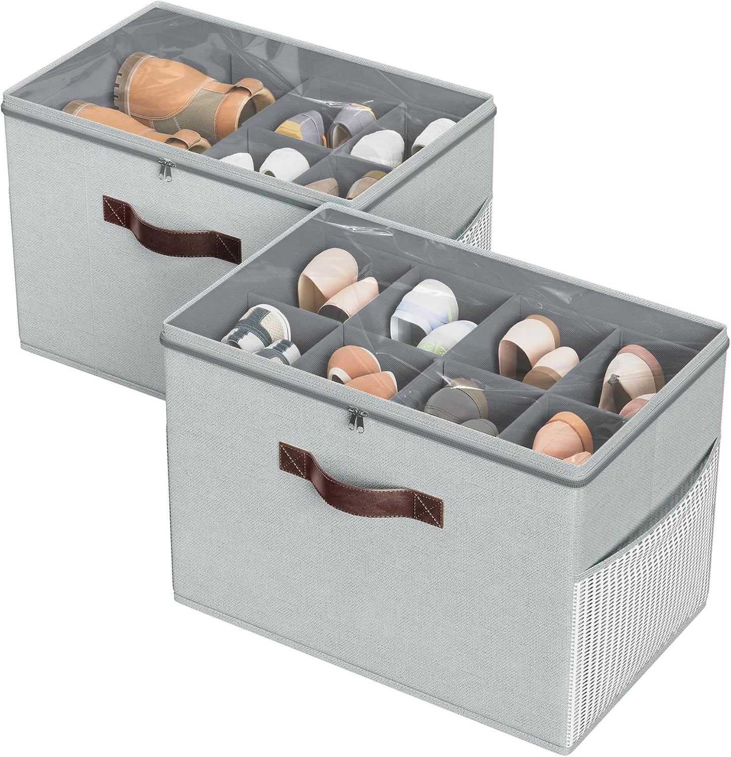 Budding Joy 2 Pack Shoe Organizer for Closet, Clear Foldable Shoe Storage Containers Adjustable Dividers Fits 16 Pairs,Shoe Storage Bins Baskets Boxes with Reinforced Handles Light grey