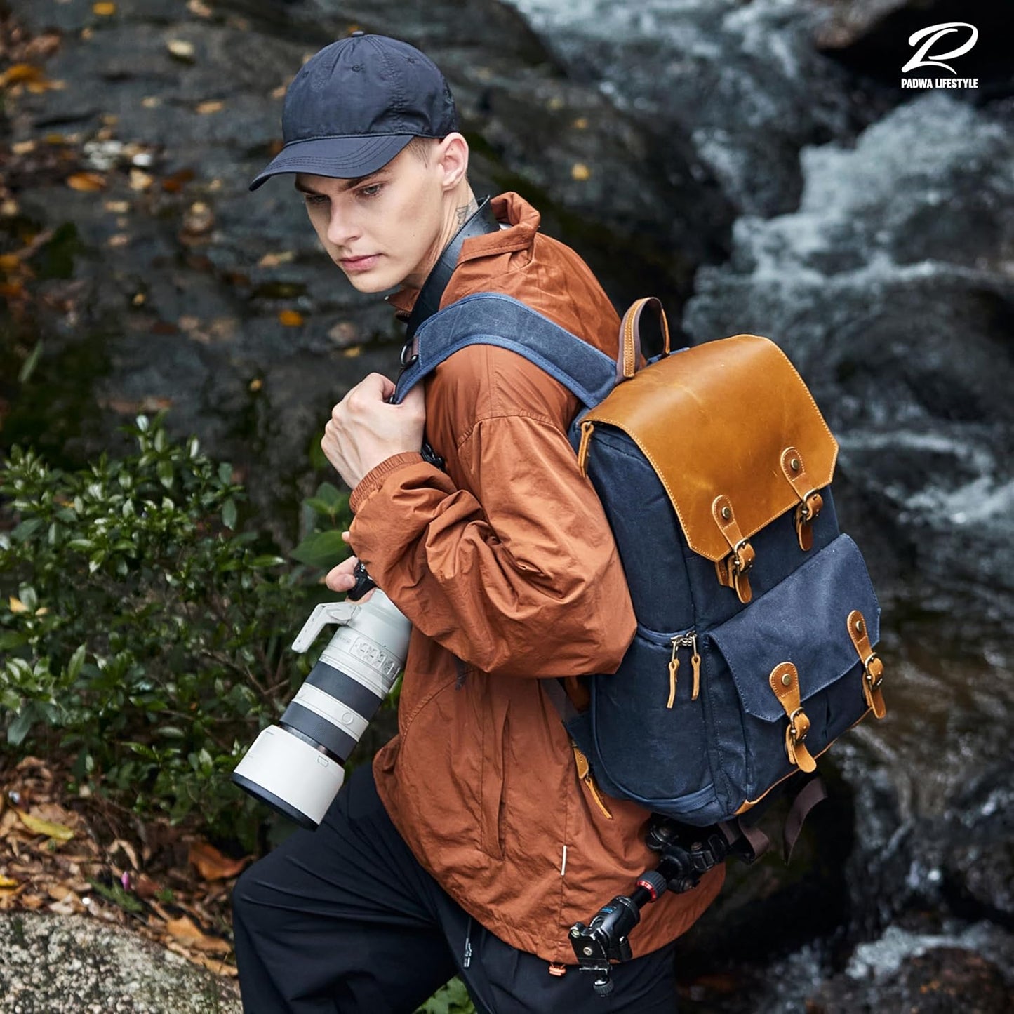 Padwa Lifestyle Blue Camera Backpack - Waxed Memory Canvas Camera Bag, Multi DSLR SLR Large Camera Backpacks for Photographers with 16” Laptop & Lens Compartment and Tripod Holder & Weather Resistant