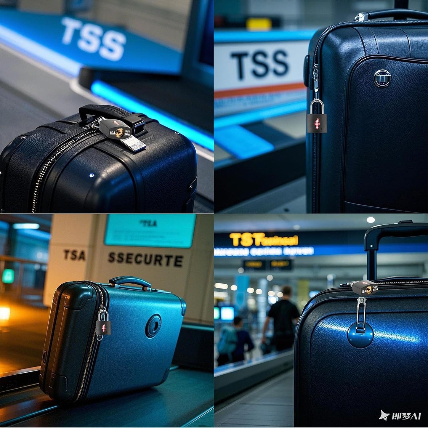 4 Pack TSA Luggage Locks with Key - Black Neon Square for Suitcase Backpack Travel Security Accessories