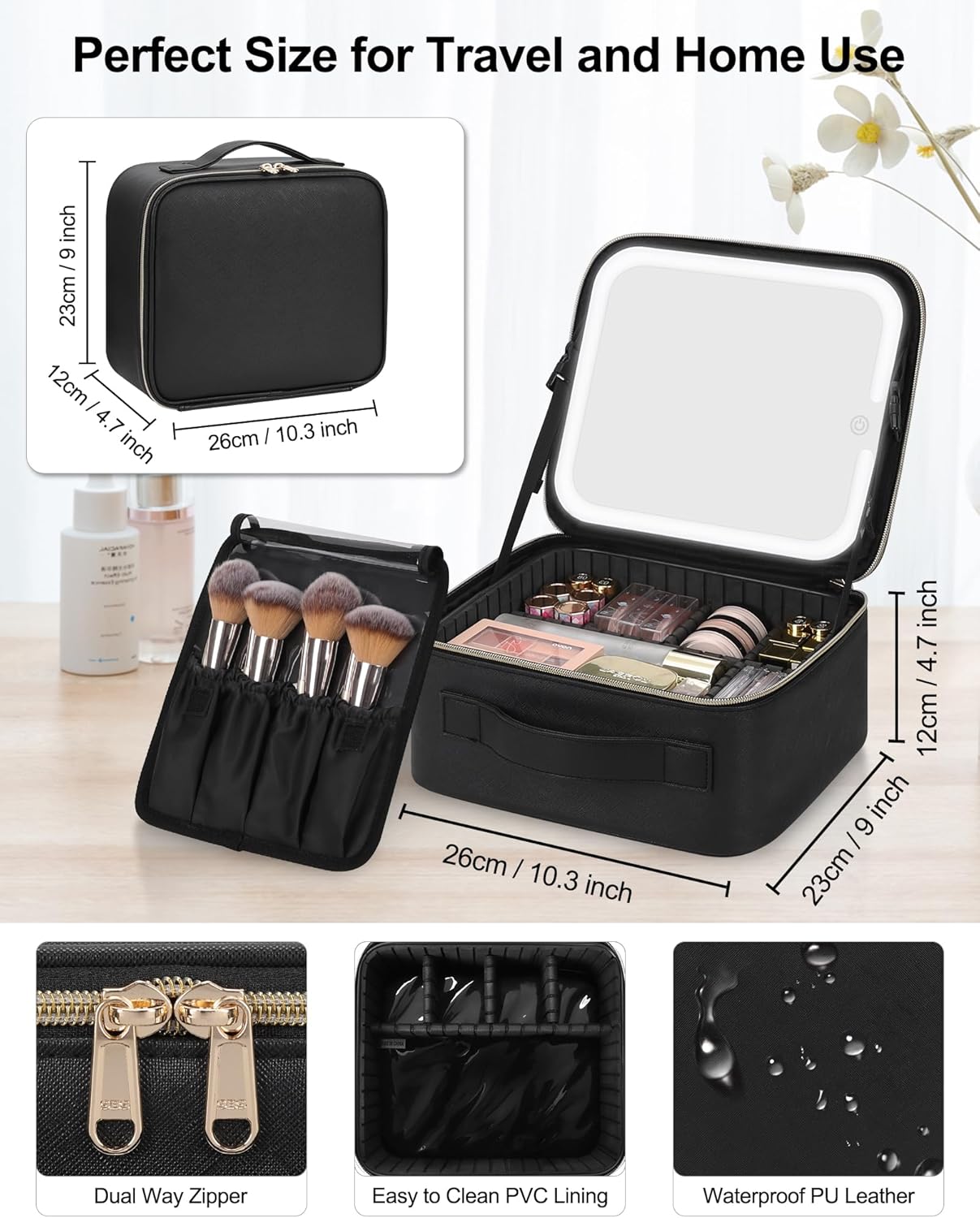 Chomeiu Makeup Bag with LED Mirror, Travel Makeup Case for Women and Makeup Artists Cosmetic Organizer Large Make Up Bags with Light Up Mirror, 3 Color Lights, Adjustable Dividers and Brush Holder