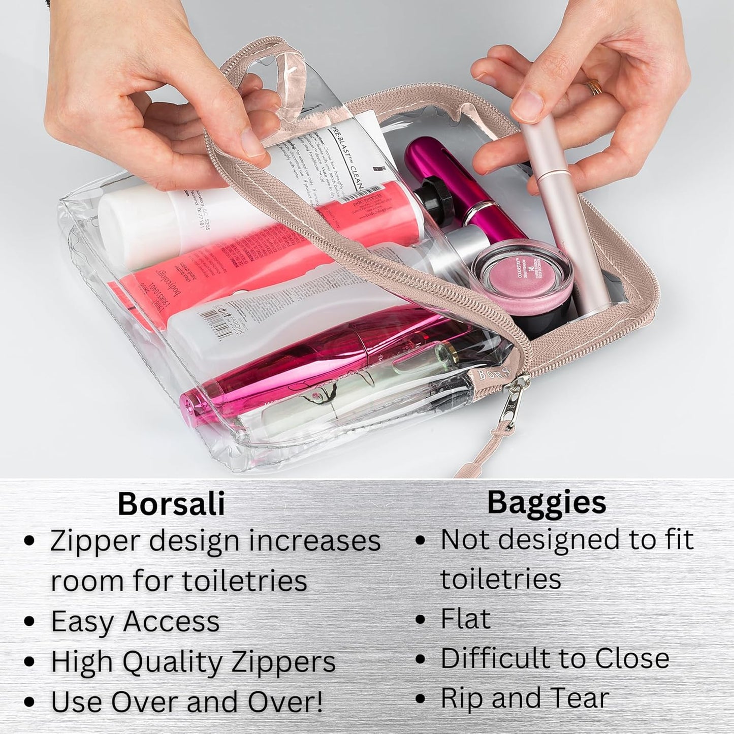 BORSALI TSA Approved Toiletry Bag - Clear Quart Size for 3-1-1 Carry On Travel - Makeup Organizer Cosmetic Pouch with Zipper - Travel Accessories - Taupe