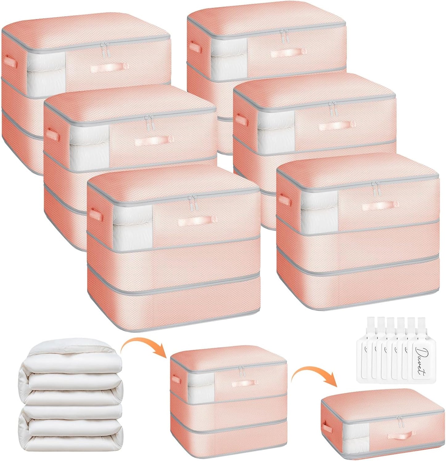 6 Pack Compression Storage Bags - 110L Large Capacity Comforter Storage Bag, 3-Layer Washable Ultra Space Saving Self Compression Organizer Space Bags for Blankets, Sweaters, Sheets, Pink