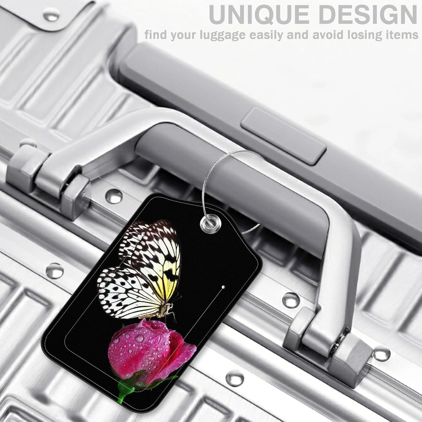 2 Pack Luggage Tags for Suitcases Butterfly on Pink Rose Leather Luggage Tags Privacy Cover ID Label with Stainless Steel Loop and Address Card for Women Men Travel Bag Backpack