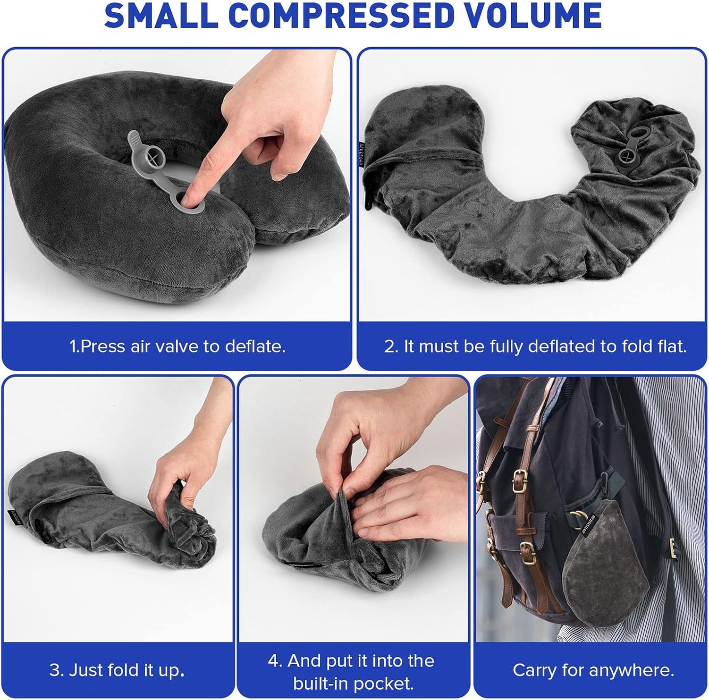 Rewondah Inflatable Travel Pillow, Inflatable Neck Pillow for Traveling Airplane, Travel Pillow with Soft Velour Washable Cover, U Shape Blow Up Neck Pillow for Airplanes Train Car Travel