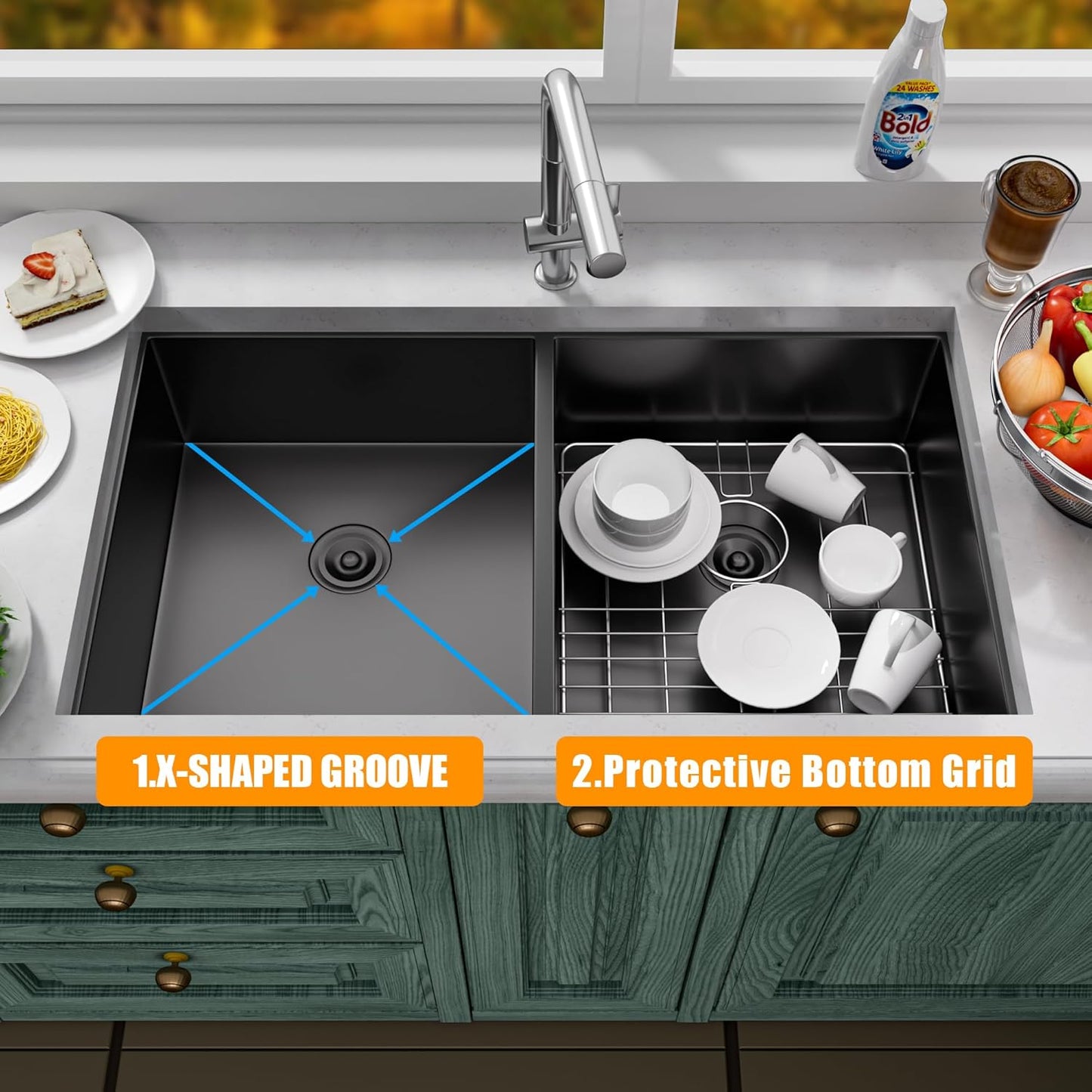 33 Inch Undermount Kitchen Sink Stainless Steel, 33x19 Double Bowl Kitchen Sinks 50/50 Commercial 16 Gauge 304 Stainless Steel Sink,Black