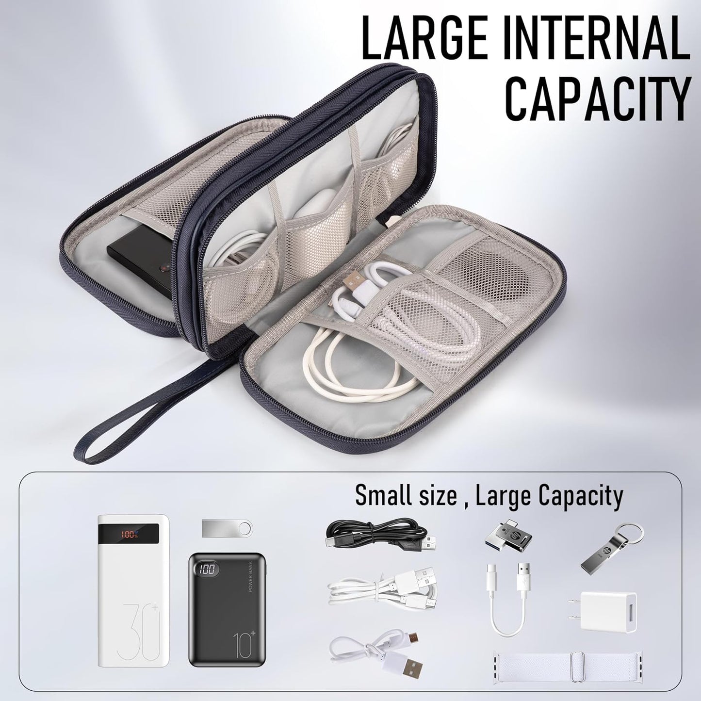 Leather Travel Electronic Organizer - Double Layer, Waterproof Case for Cables, Chargers, Phones & More - Portable, Shockproof Pouch for All Your Electronics Accessories (Dark Blue, M)