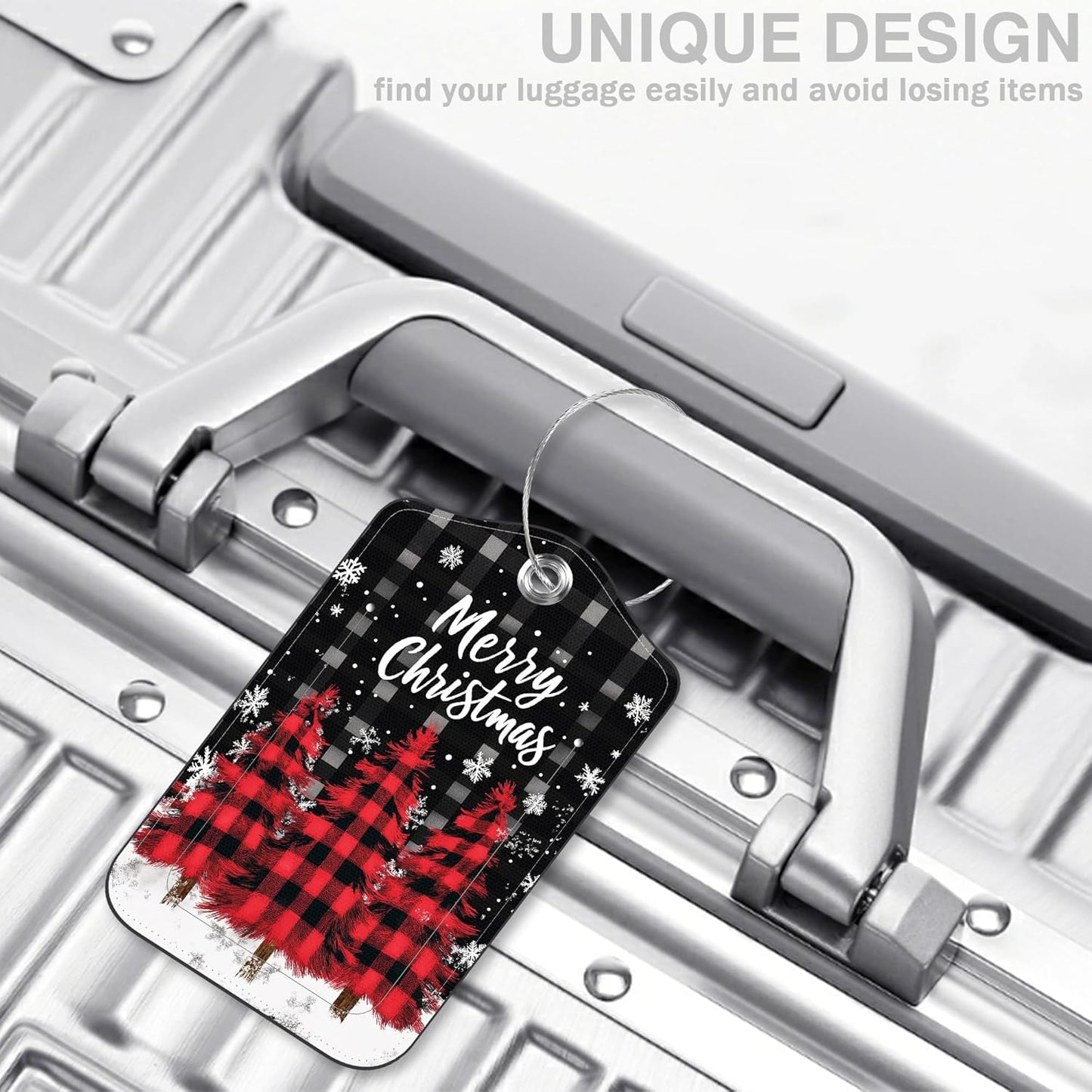 2 Pack Luggage Tags for Suitcases Red and Black Checkered Christmas Tree Leather Luggage Tags Privacy Cover ID Label with Stainless Steel Loop and Address Card for Women Men Travel Bag Backpack