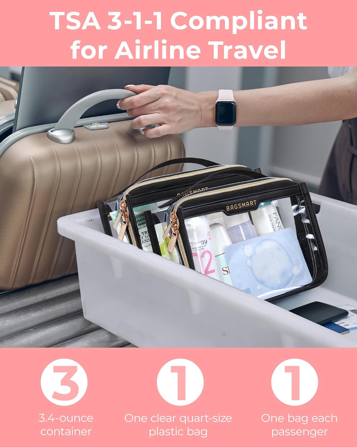 BAGSMART TSA Approved Toiletry Bag, Clear Travel Toiletry Bag, Makeup Cosmetic Pouch Bag for Women Quart Size Compliant Bag Organizer for Travel Essentials (Pink Pack of 2)