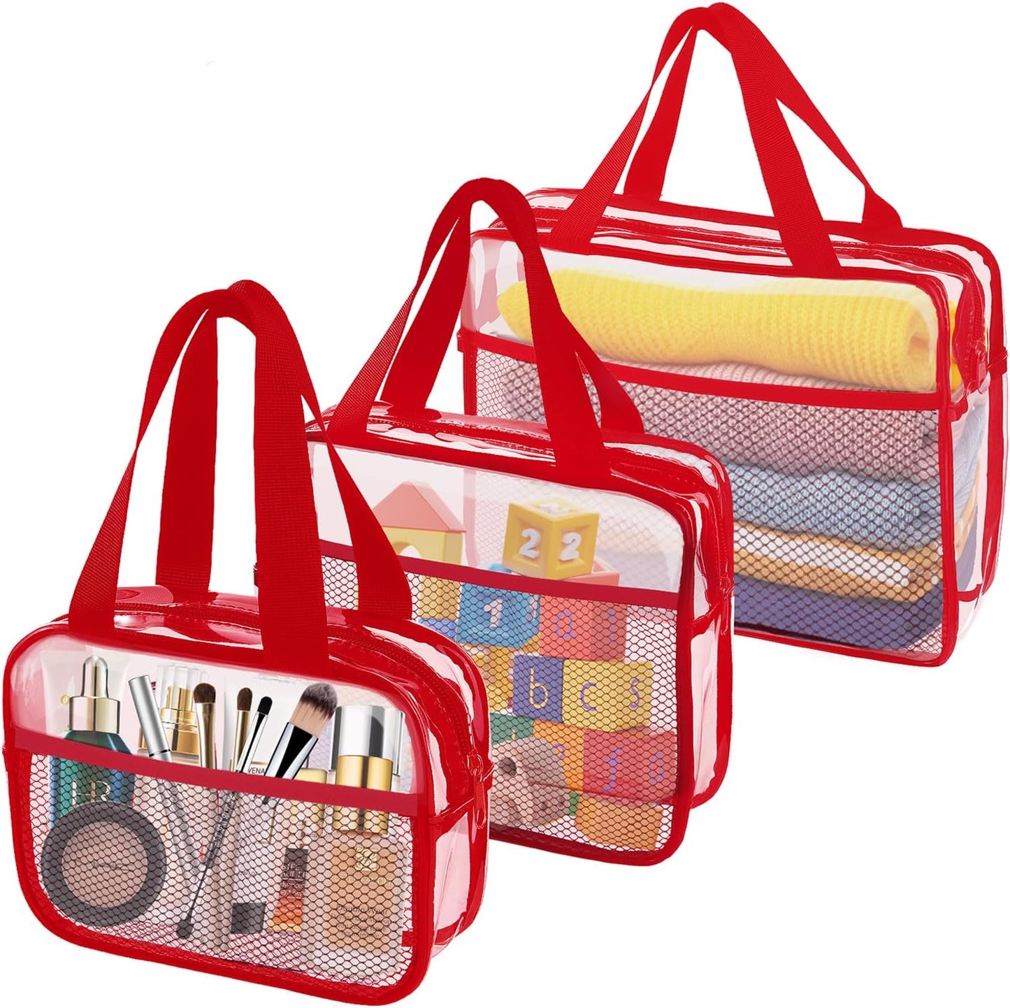 XEWEA Clear Travel Toiletry Bags, 3 Pack TSA Approved Transparent Makeup Bag for Men Women, Large Waterproof PVC Quart Organizer Kit with Zipper for Toiletries Airline Essential,Toy Storage Pouch Red