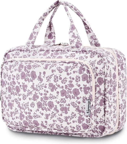 Travel Toiletry Bag for Women Large Hanging Makeup Bag Organizer Toiletries Bag for Full Size Essentials Accessories Cosmetics (Little Dusty Pink Flower (Large))