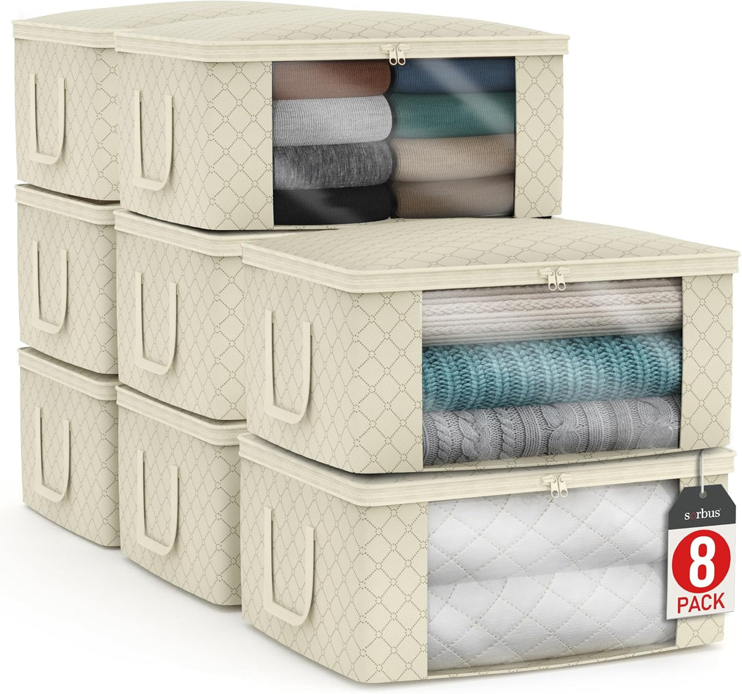 Sorbus Medium Clothes Storage Bags - Foldable Blanket Storage Bins for Organizing Bedroom, Closet, Clothing, Comforter, Organization with Clear Window, Lids and Carry Handles - Set of 8