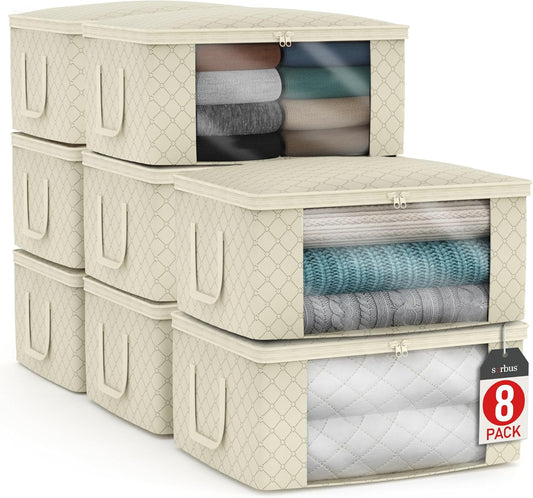 Sorbus Medium Clothes Storage Bags - Foldable Blanket Storage Bins for Organizing Bedroom, Closet, Clothing, Comforter, Organization with Clear Window, Lids and Carry Handles - Set of 8