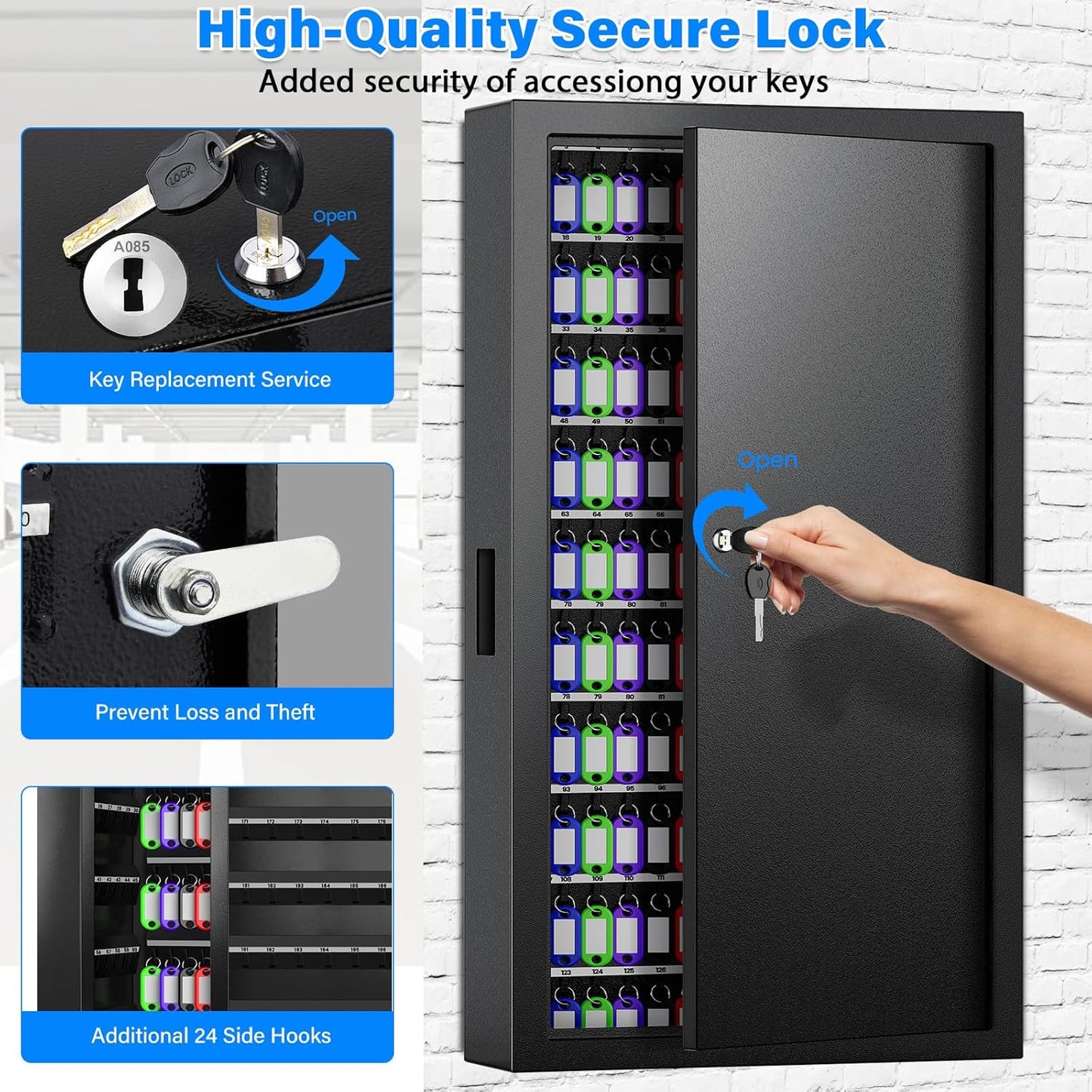 250 Keys Key Lock Box Wall Mount with Additional 24 Side Hooks and Key Tags, Anti-Theft Key Box Key Cabinet with Side Drop Slot, Key Organizer Key Safe for Home Office Garage Rental Business